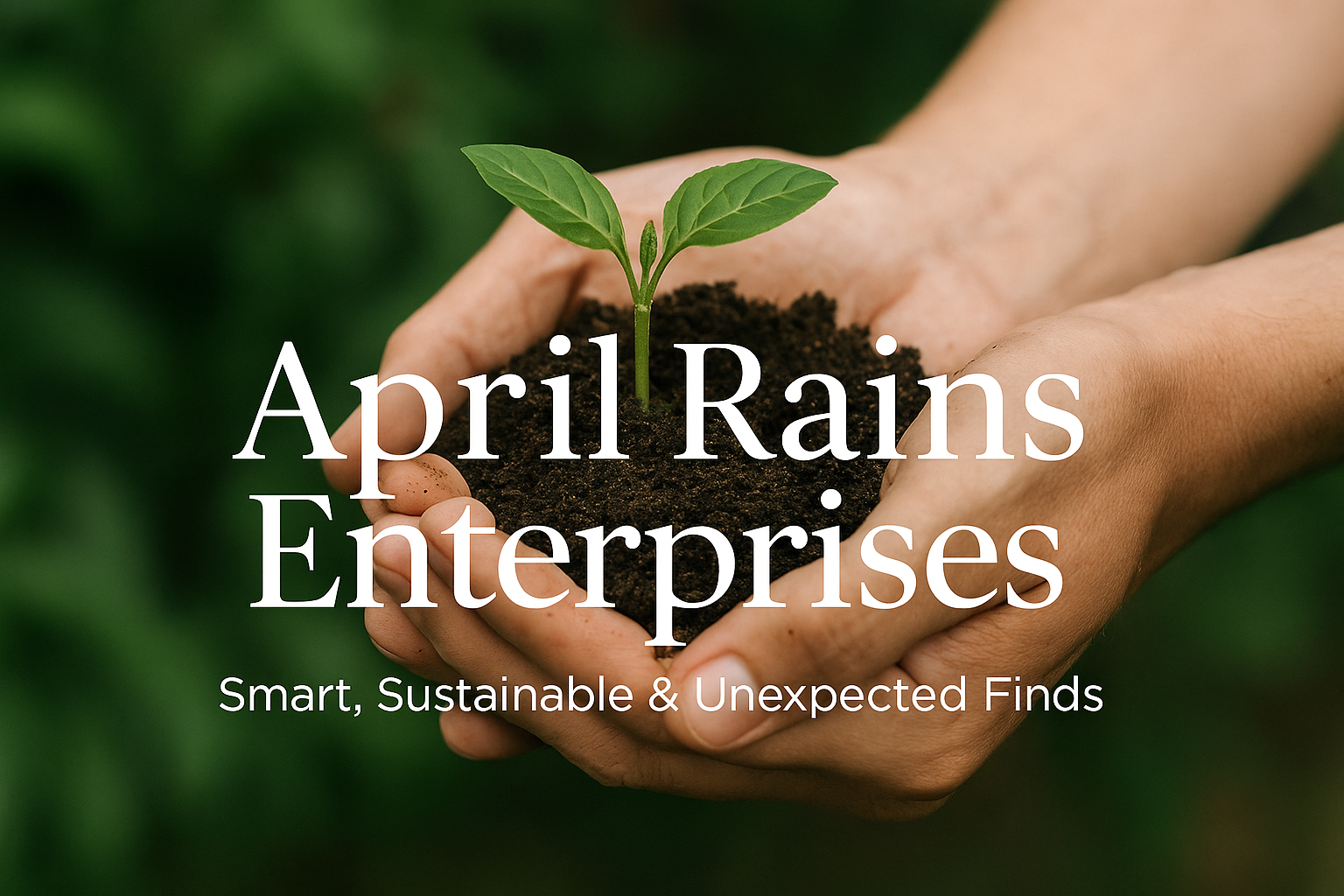 hand holding black dirt with growing sprout and logo April Rains Enterprises Smart, Sustainable & Unexpected Finds
