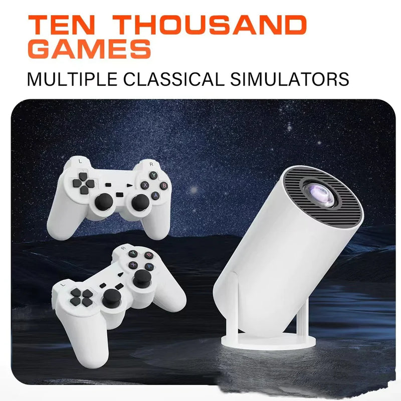 white tubular projector sitting on stand and aimed at ceiling or wall with two wireless game consoles and the Title above the image says Ten Thousand Games Multiple Classical Simulators