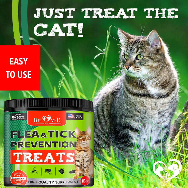 Picture of grey and white pudgy cat sitting in grass looking right over a round container of Flea & Tick Prevention Treats. Caption above the picture says JUST TREAT THE CAT!