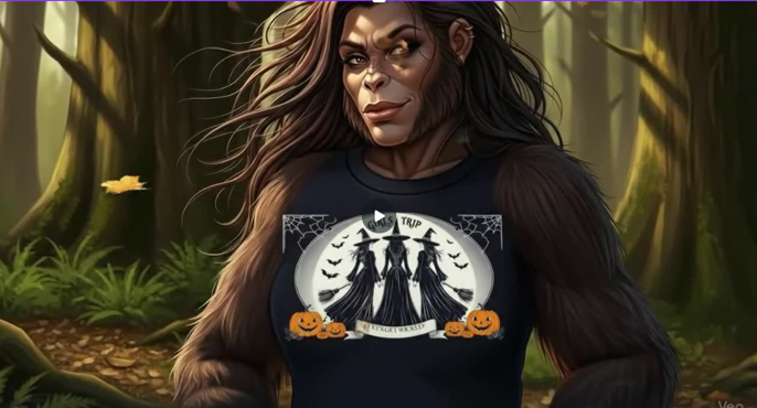 Female Sasquatch with Halloween shirt on that says Girls trip! Lets get Wicked and has three witches facing the moon as they get ready to fly off