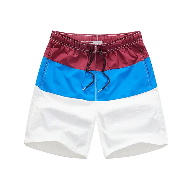 Men's Red, Blue and white swim shorts with elastic waist and drawstring