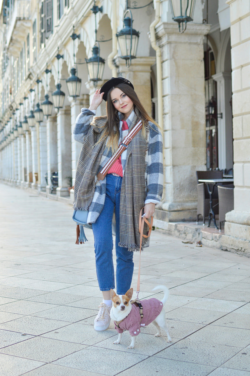 Stylish, confident young woman with a small dog wearing a pet jacket on street in Europe