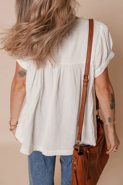 Textured Short Sleeve Buttons Frayed Blouse