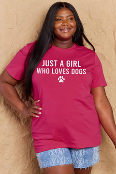 A pink t-shirt with 'Just a Girl Who Loves Dogs' text and a pawprint below in white. Round neck and short sleeves, loose fit
