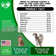 Cat food product label with ingredients, dosage instructions, and cat images on a green background.