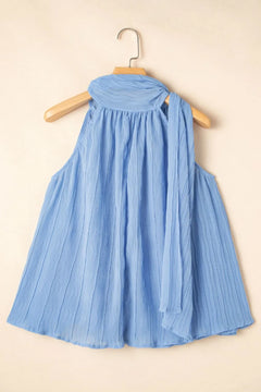 Textured Pleated Tied Mock Neck Flowy Tank Top