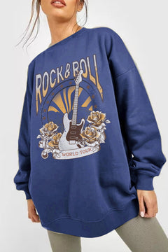 Blue sweatshirt with 'Rock & Roll World Tour' design in white and brown. Design shows a guitar with roses on each side