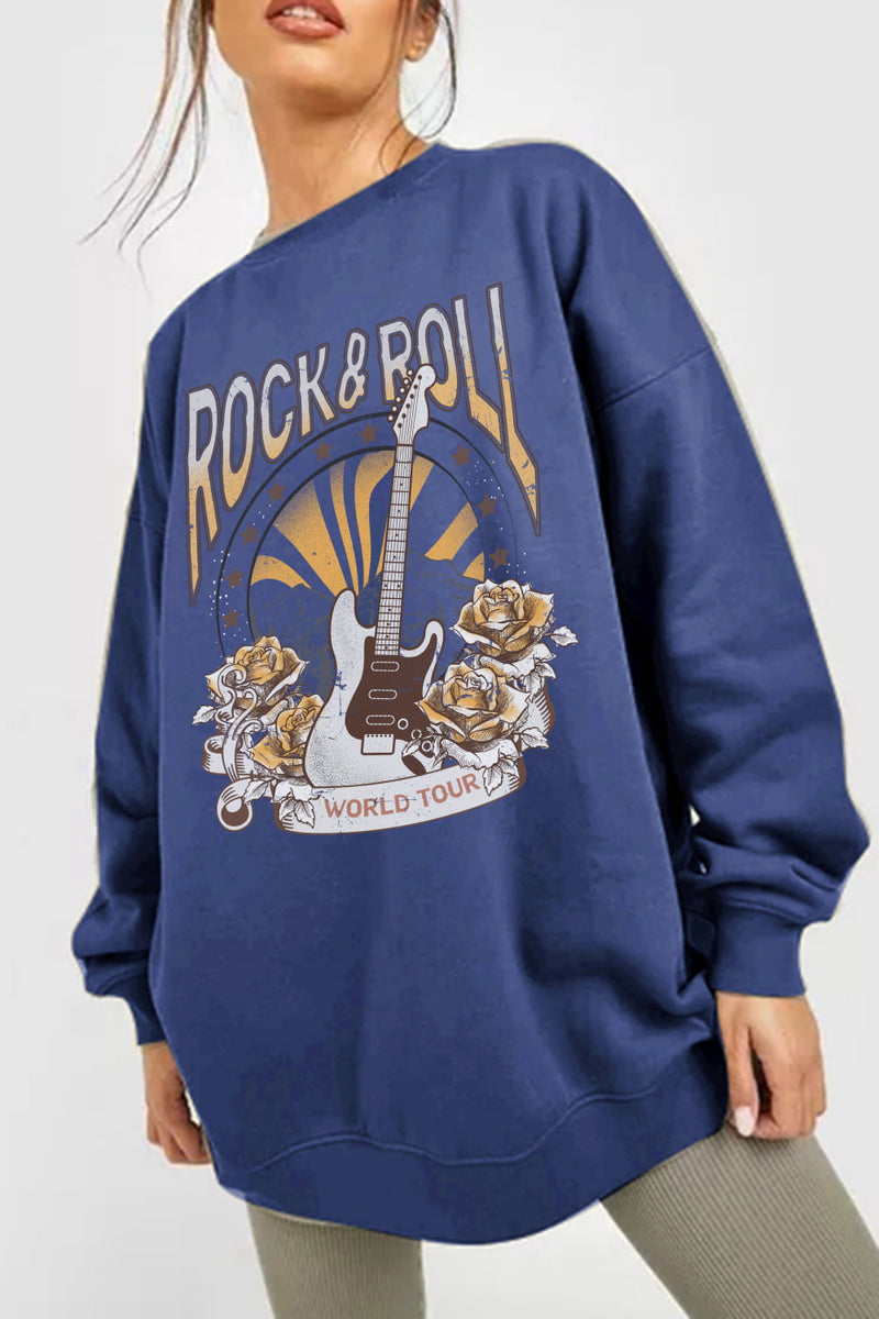Blue sweatshirt with 'Rock & Roll World Tour' design in white and brown. Design shows a guitar with roses on each side