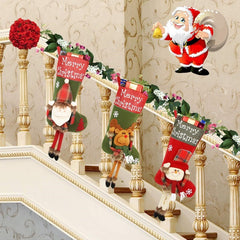 Decorative Christmas stockings hanging on a staircase with festive decorations.