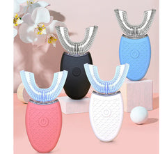 Five colorful  Ultrasonic Automatic Mouth with Toothbrush! devices on a pink background with flowers.