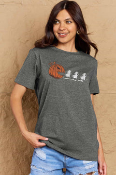 Grey Tshirt with Jackolantern appearing to be trying to eat a line of fleeing ghosts