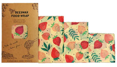 Set of beeswax food wraps with strawberry design on a white background