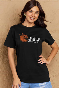 Black Tshirt with Jackolantern appearing to be trying to eat a line of fleeing ghosts