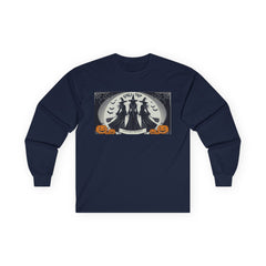 Navy Blue Tee shirt with a Halloween-themed graphic,witches standing with brooms facing the full moon slogan says Lets get Wicked at the bottom and Girls Trip at top