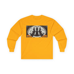 Yellow Tee shirt with a Halloween-themed graphic,witches standing with brooms facing the full moon slogan says Lets get Wicked at the bottom and Girls Trip at top