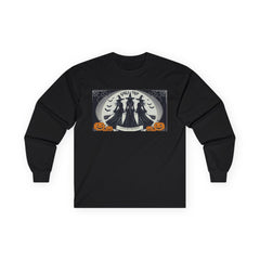 Black sweatshirt with a Halloween-themed graphic,witches standing with brooms facing the full moon slogan says Lets get Wicked at the bottom and Girls Trip at top