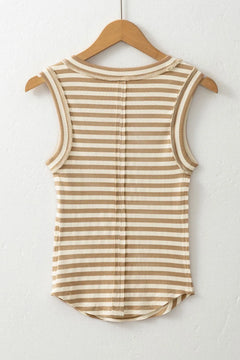 Stripe Exposed Seam Trim Round Neck Sleeveless Top