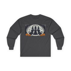 Dark grey Tee shirt with a Halloween-themed graphic,witches standing with brooms facing the full moon slogan says Lets get Wicked at the bottom and Girls Trip at top