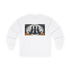 White sweatshirt with a Halloween-themed graphic,witches standing with brooms facing the full moon slogan says Lets get Wicked at the bottom and Girls Trip at top