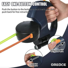 Hand holding a blue double retractable dog leash, labeled 'GREGCE', showing how to unlock and lock it.