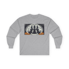Grey sweatshirt with a Halloween-themed graphic,witches standing with brooms facing the full moon slogan says Lets get Wicked at the bottom and Girls Trip at top