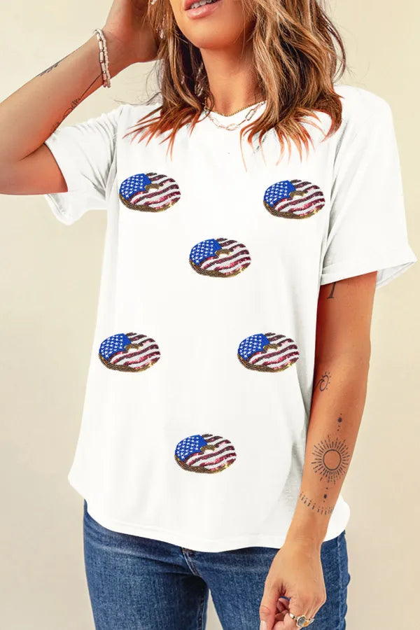 White tshirt with oval American flag designs across the front. Round neck, short sleeves.