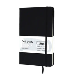 Black notebook with a visible brand label on a white background