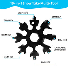 18-in-1 Snowflake Multi-Tool with labeled features on a white background
