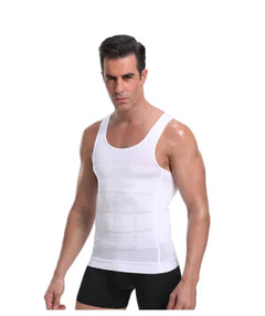 Man wearing a white tank top and black shorts on a white background