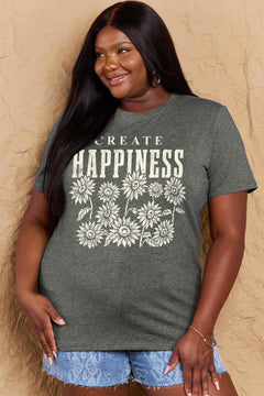 Grey Tshirt with round neck and short sleeves, the caption in capital letters says CREATE HAPPINESS, with create being in small letters centered over Happiness. underneath the letters, in white as well, ten flowers arranged in three rows.