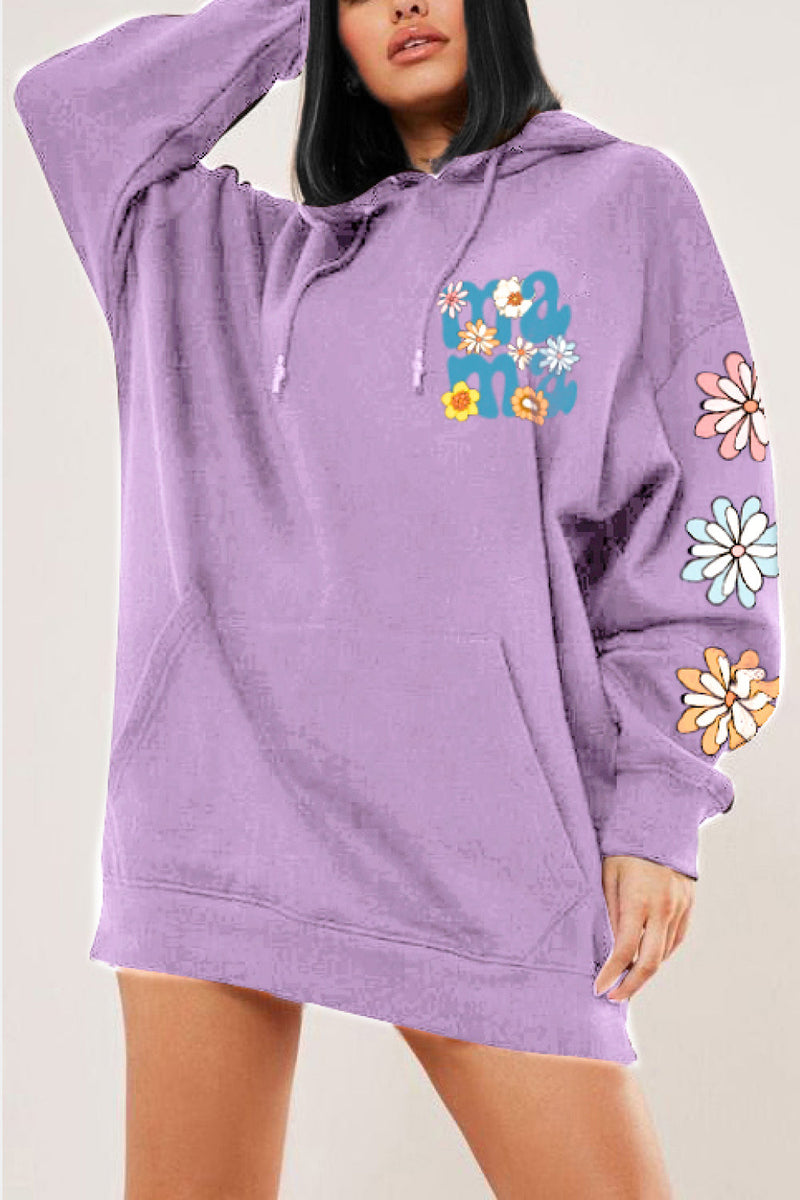 Lilac purple pullover hoodie with hand warmer pocket on front, dropped shoulder long sleeves and body, MAMA on the left side with flowers around the letters and three bigger flowers going down the left arm