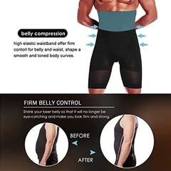 Black waist trainer with text on belly compression and firm belly control, before and after effects shown.
