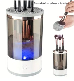 Makeup brush cleaner with visible liquid level indicator and a hand holding a brush.