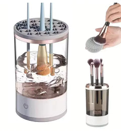 Makeup brush cleaner with brushes and a hand holding a brush.