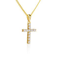 Gold vermeil cross pendant necklace with moissanite stones on a white background