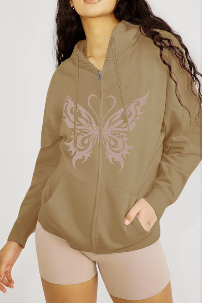 long sleeved brown hoodie with a  pinkish grey butterfly design on the front, zips up right through the butterfly design and has pockets,