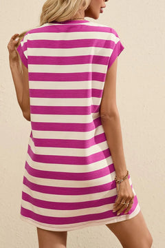 Stripe Cap Sleeve Pocketed Shift Tee Dress