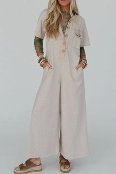 Pocket Front Short Sleeve Wide Leg Jumpsuit