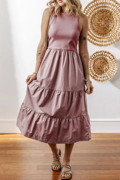 Ribbed Vest Patchwork Tiered Midi Dress with Pockets