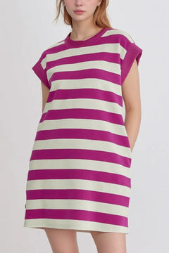 Stripe Cap Sleeve Pocketed Shift Tee Dress