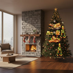 Decorative Christmas lighted ornaments hanging on a Christmas tree