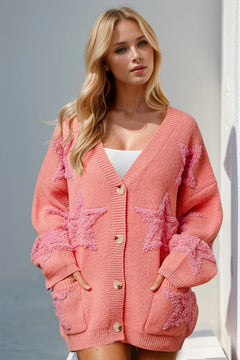 Full Size Button Up Star Pattern Cardigan with deep V neck and 4 oversized tan buttons wide hem around the neck, sleeves, and sweater edges. Solid pink color with  fuzzy stars on pockets, sleeves and front of shirt in same color