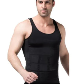 Man wearing a black compression tank top on a white background