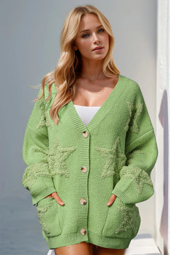 Full Size Button Up Star Pattern Cardigan with deep V neck and 4 oversized tan buttons wide hem around the neck, sleeves, and sweater edges. Solid Green color with  fuzzy stars on pockets, sleeves and front of shirt in same color