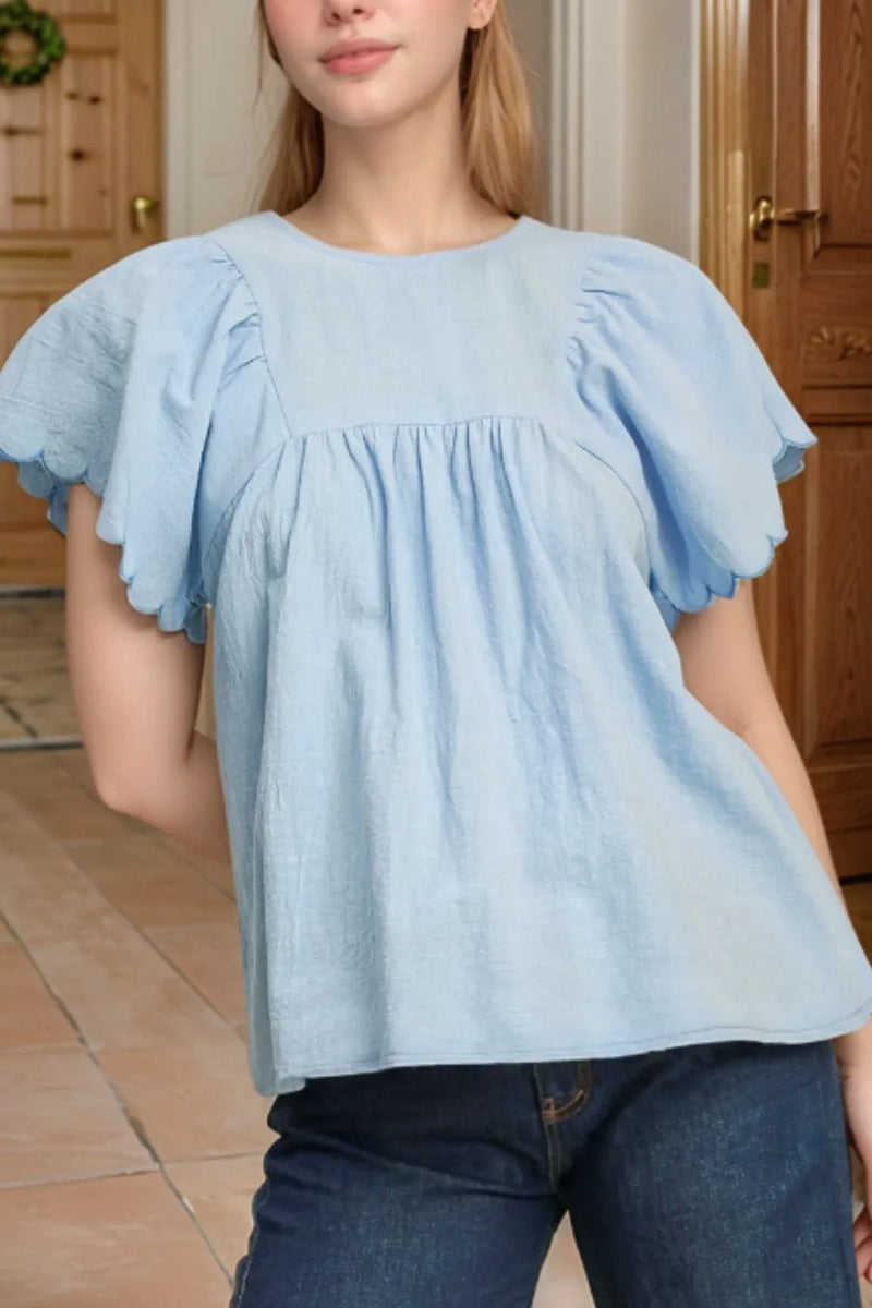 Solid Blue Color Embroidered Scalloped Sleeves Crew Neck pull over Blouse 