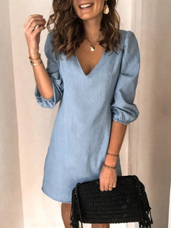 V-Neck Half Sleeve Dress with elastic push up sleeves, blue, loose fit, comes to mid thigh