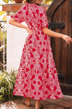 Paisley Print Side Slit Puff Sleeve High Waist Maxi Dress