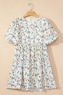 Floral Puff Short Sleeve Empire Waist Mini Dress