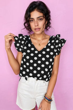 Polka Dot V-Neck Ruffle Cap Sleeve Blouse