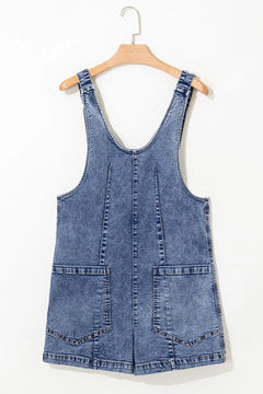U Neck Patched Pocket Denim Overall shorts. Big front pockets on the thighs and faded blue with double stitched hem and trimming. 